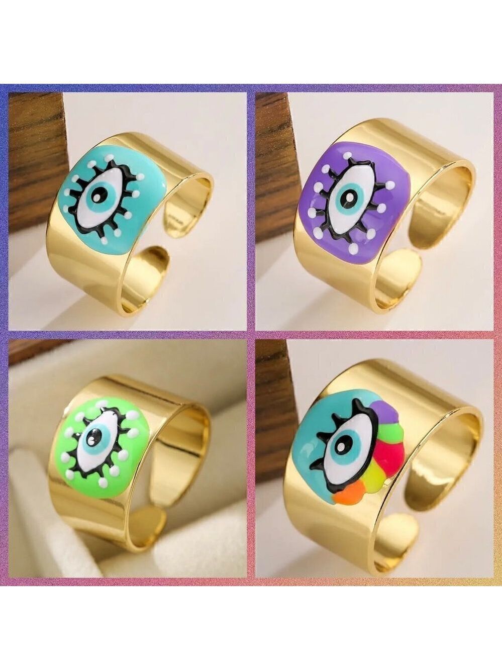 Boho Evil Eye Enamel and Copper Adjustable Ring #1300 NEON GREEN - Picture 9 of 14